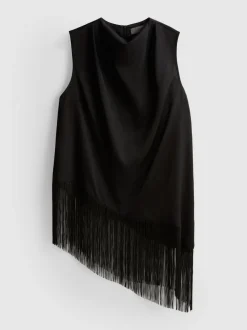 Blusa asimétrica con flecos y cuello drapeado
