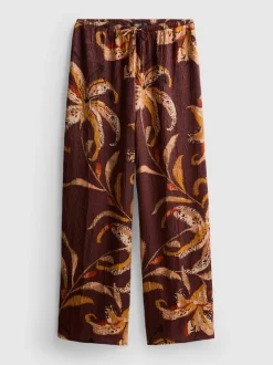 Pantalones anchos de satén arrugado florales