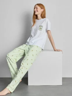 Pijama de algodón estampado con cuello redondo