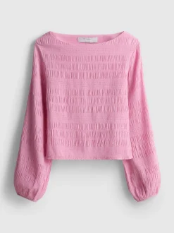 Top de manga larga con cuello barco fruncido