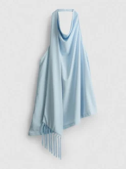 Top de punto con cuello drapeado y flecos